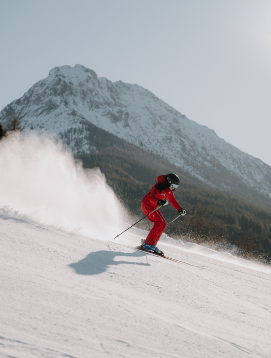 Bergwipfel, Skipisten und Wälder.